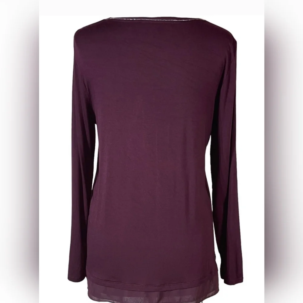 White House Black Market Lg Burgundy Silver Micro Bead Trim Chiffon Hem V-Neck - Picture 5 of 8